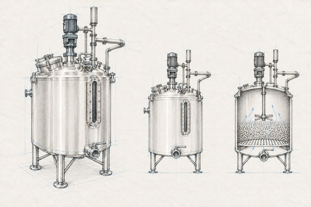 Ilustración conceptual del biorreactor piloto del proyecto DEVISOL en tres vistas: perspectiva, frontal y sección interior